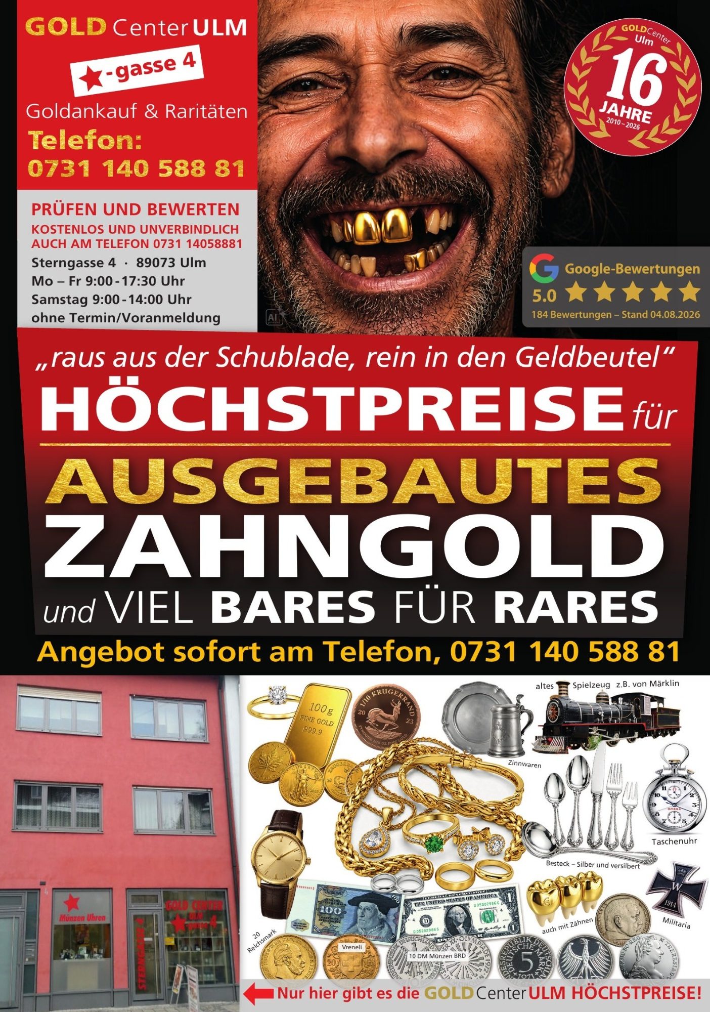 Zahngold verkaufen in Ulm – GOLDCenter ULM GOLDCenter ULM Flyer: Höchstpreise für ausgebautes Zahngold, Goldankauf Sterngasse 4 Ulm, Telefon 0731 140 588 81