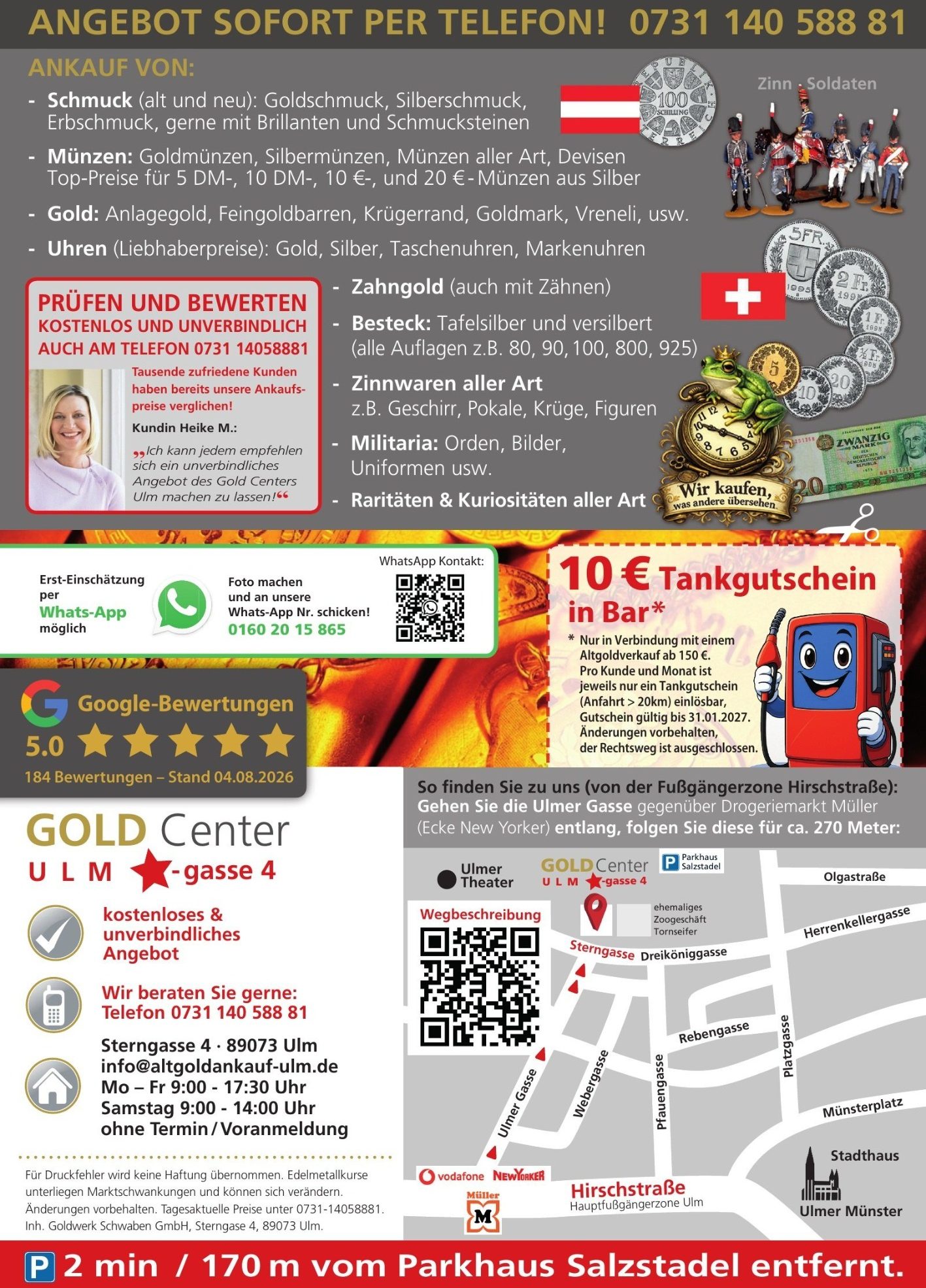Goldankauf Ulm: was wir ankaufen – GOLDCenter ULM GOLDCenter ULM Flyer: Ankauf von Goldschmuck, Münzen, Krügerrand, Goldbarren, Zahngold, Silberbesteck und Zinn in Ulm